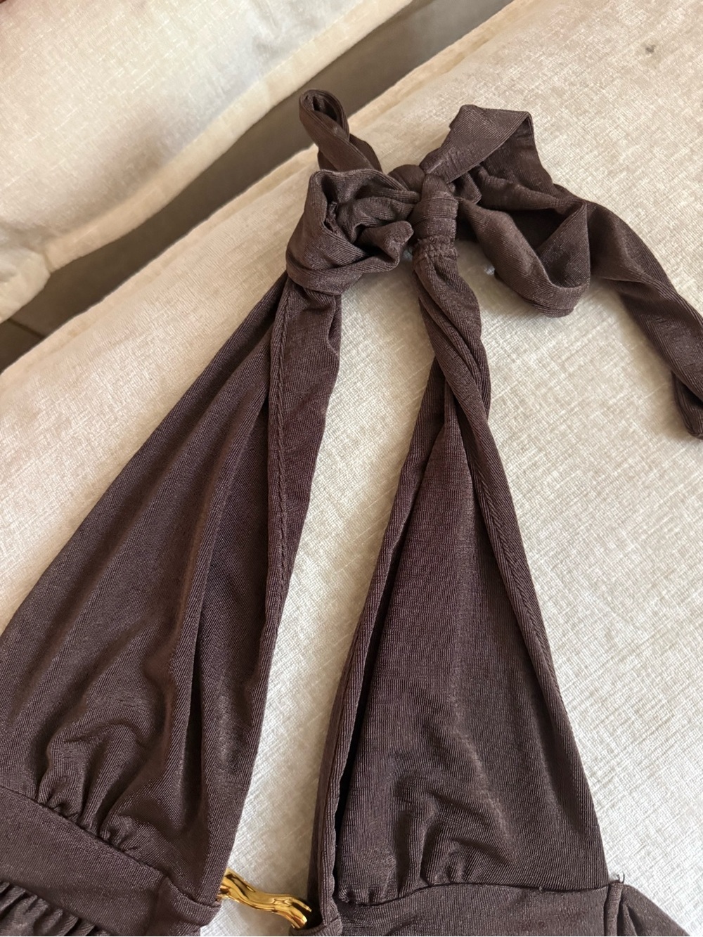 Brown Halter Crop Top with Gold Accent - Picture 6 of 7